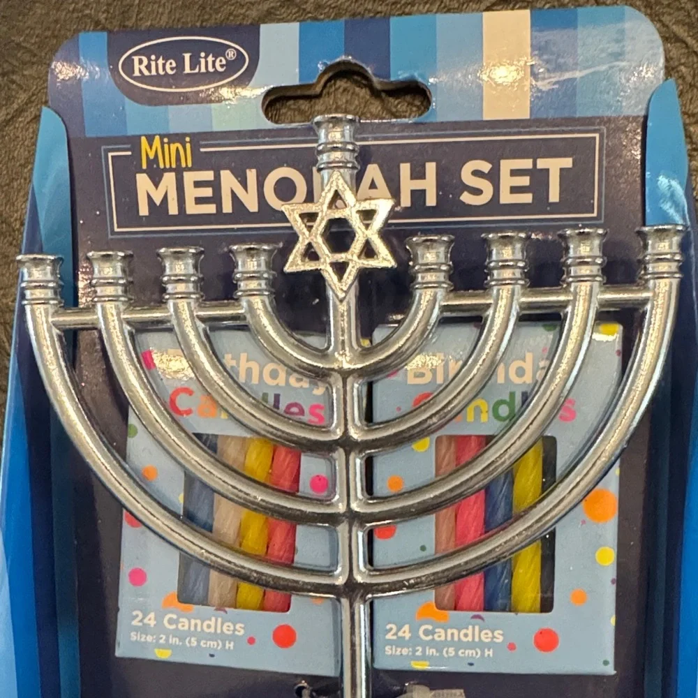 Silver Mini Menorah Set with Colorful Candles, NEW